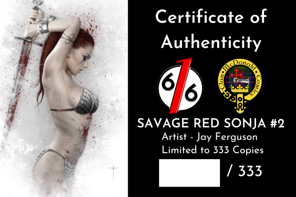 SAVAGE RED SONJA #2 JAY FERGUSON 616 Virgin Variant LTD 333 COA