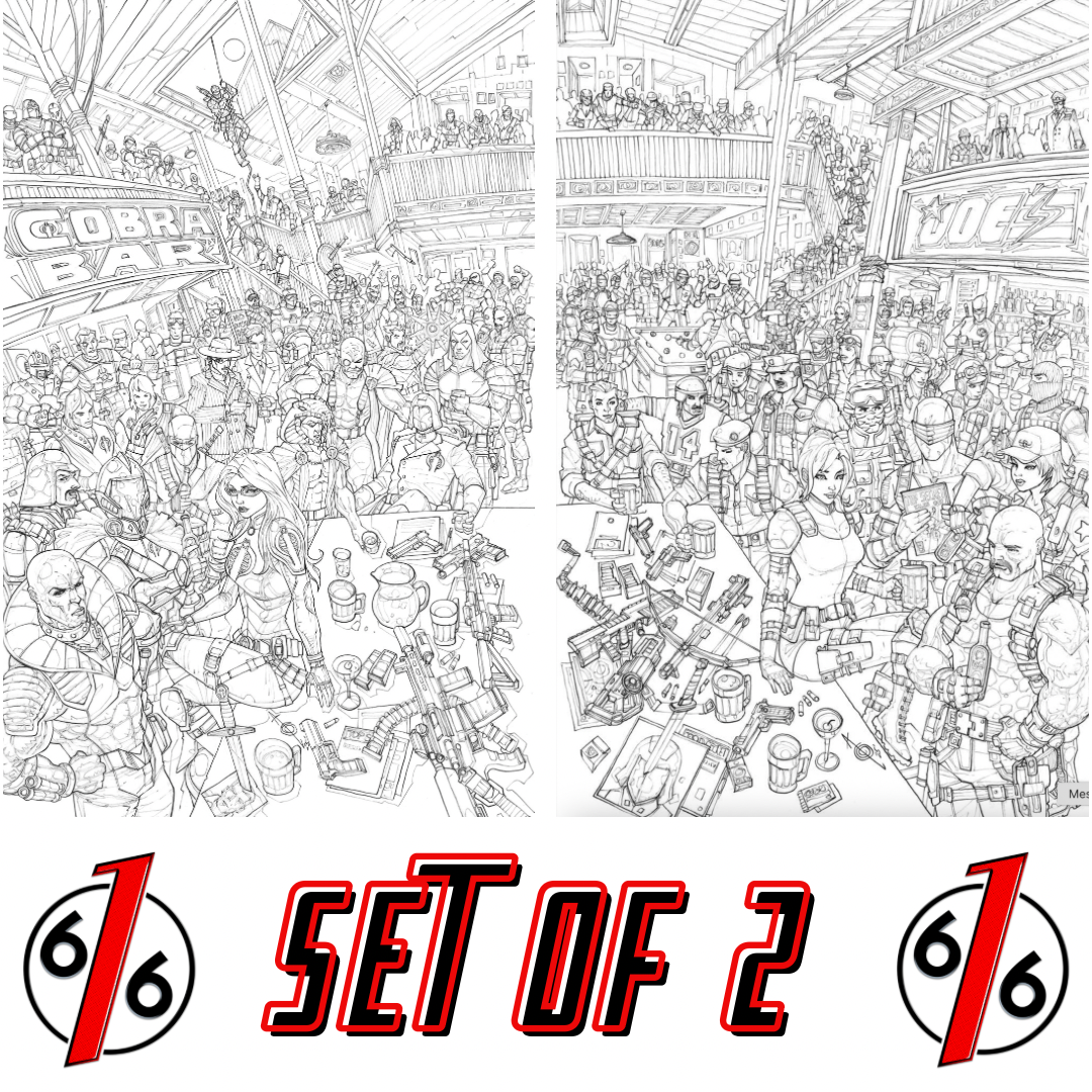 GI JOE REAL AMERICAN HERO #320 & 321 ALAN QUAH 616 COMICS COBRA & JOES BAR Virgin B&W Inks Variant Connecting Set LTD 750